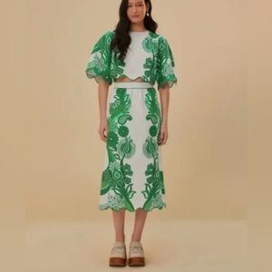 Farm Rio Set Green Linen Cropped Blouse (L) & Midi Skirt (XL) Matching Brazil